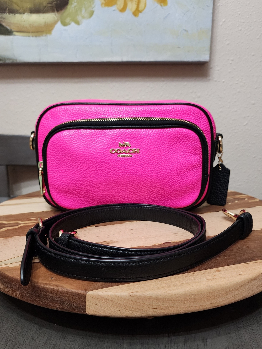 Coach Court Florescent Pink Pebble Leather Crossbody Camera Bag with Black Trim